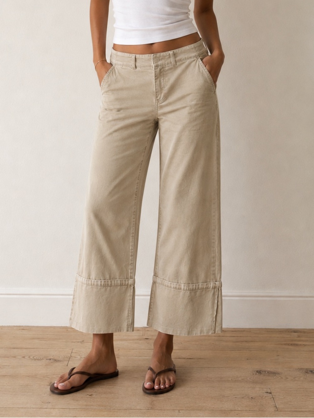 Pilcro Wide Leg Cuffed Pants Womens 31 Tan High Rise Stretch Cropped